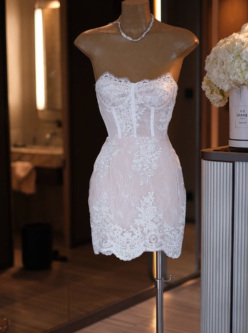 White Sheath Strapless Lace Short Homecoming Dress Evening Dress HZ1023